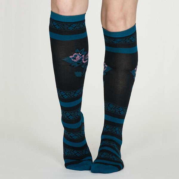 xDenise Long Floral Bamboo Socks - Midnight Blue - Size 4-7